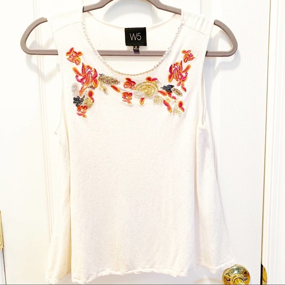 W5 Tops - Anthropologie W5 Cream Floral Embroidered Tank Top
